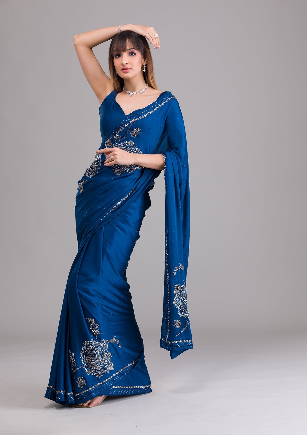 Peacock Blue Stonework Satin Saree-Koskii