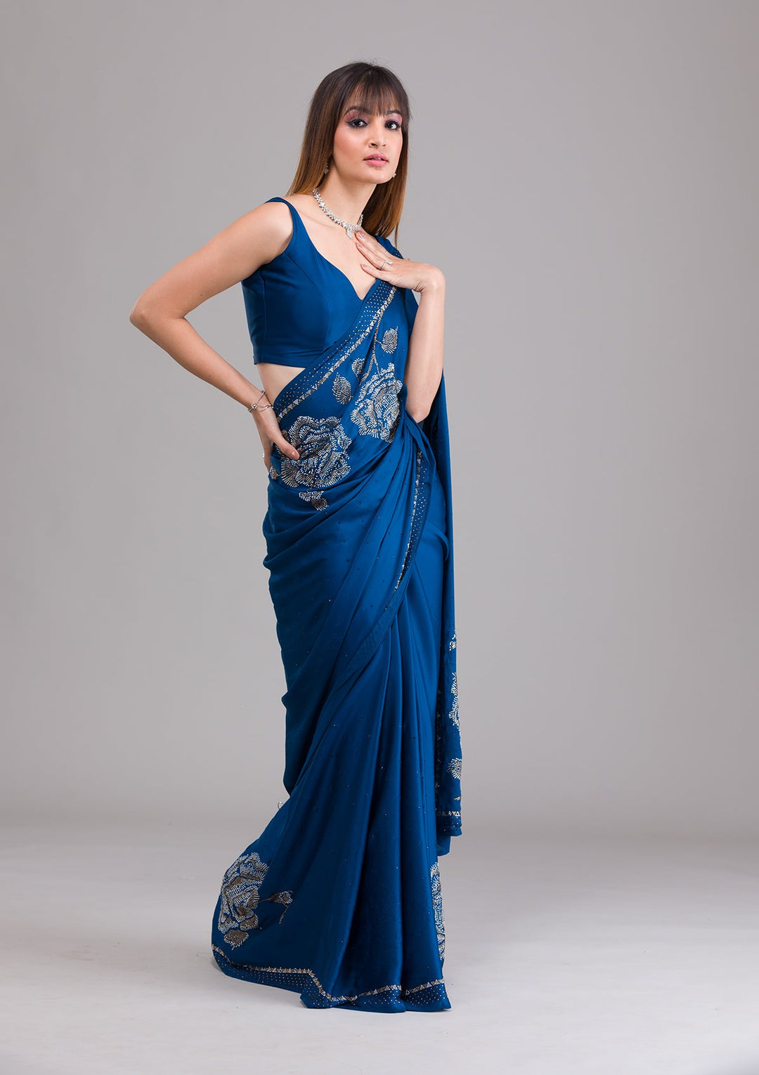 Peacock Blue Stonework Satin Saree-Koskii