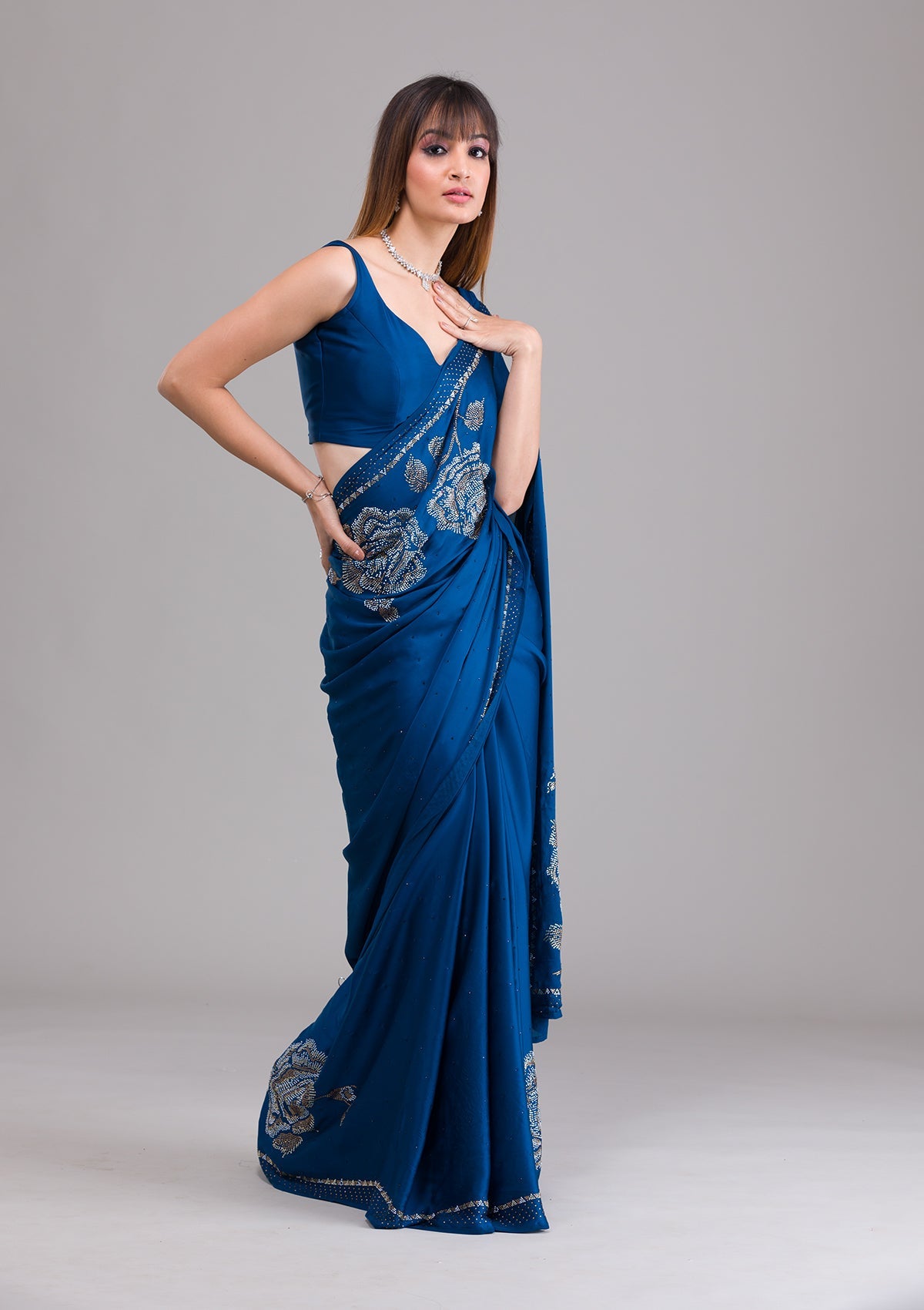 Peacock Blue Stonework Satin Saree-Koskii