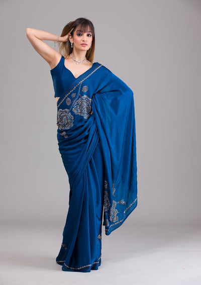 Peacock Blue Stonework Satin Saree-Koskii
