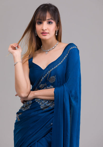 Peacock Blue Stonework Satin Saree-Koskii