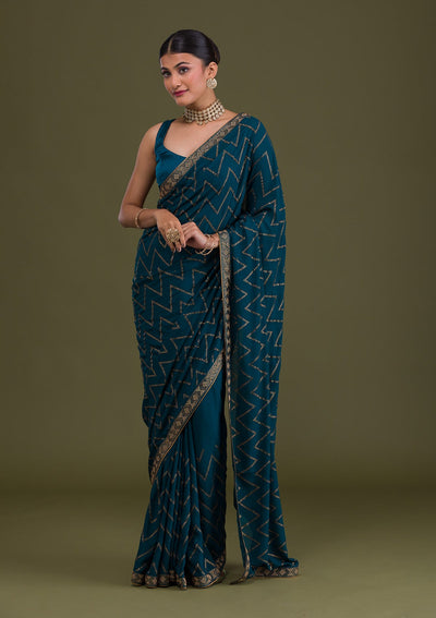 Peacock Blue Stonework Semi Crepe Unstitched Saree-Koskii