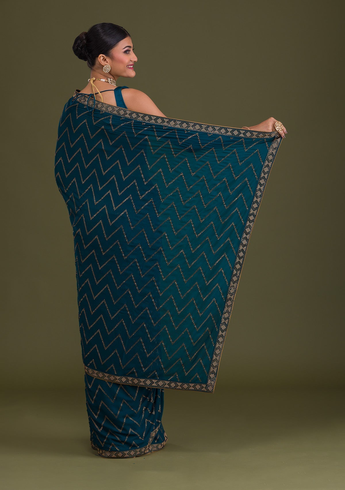 Peacock Blue Stonework Semi Crepe Unstitched Saree-Koskii