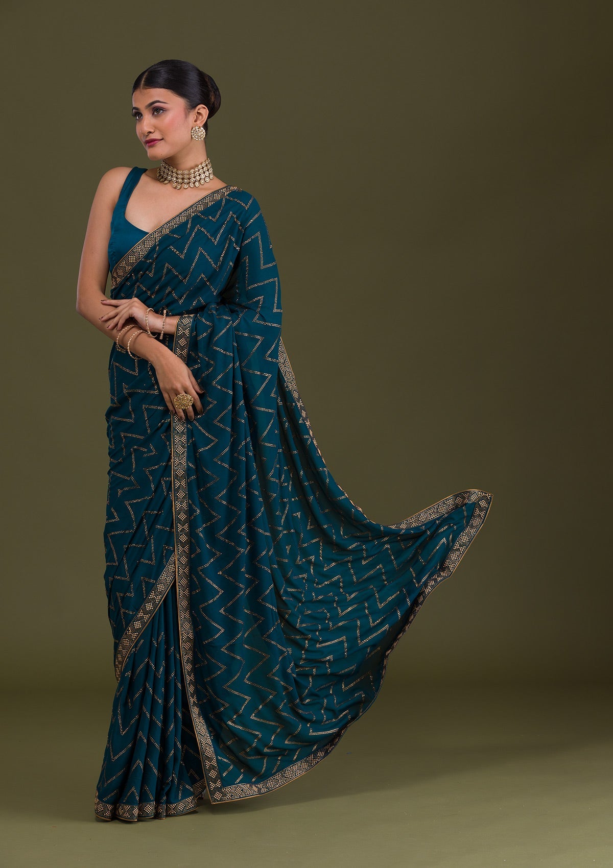 Peacock Blue Stonework Semi Crepe Unstitched Saree-Koskii