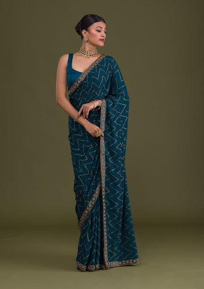 Peacock Blue Stonework Semi Crepe Unstitched Saree-Koskii