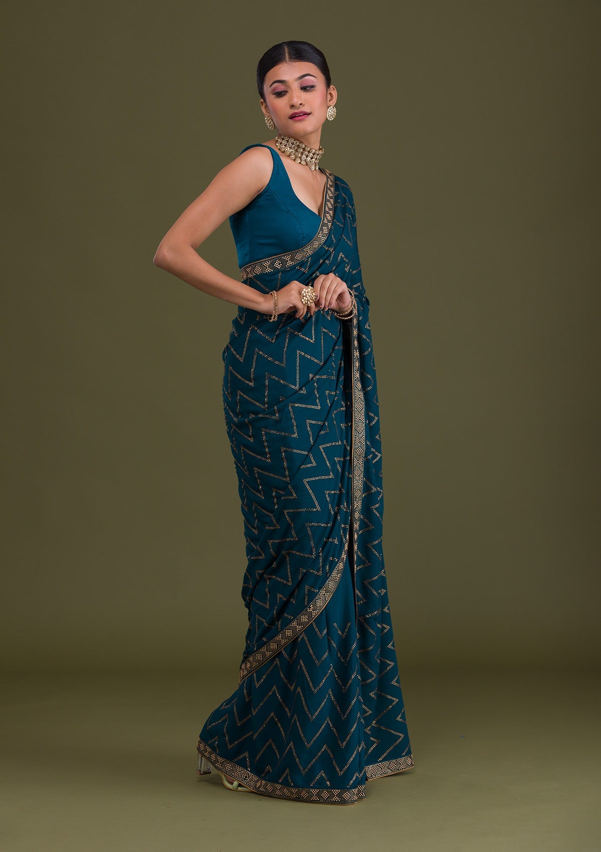 Peacock Blue Stonework Semi Crepe Unstitched Saree-Koskii