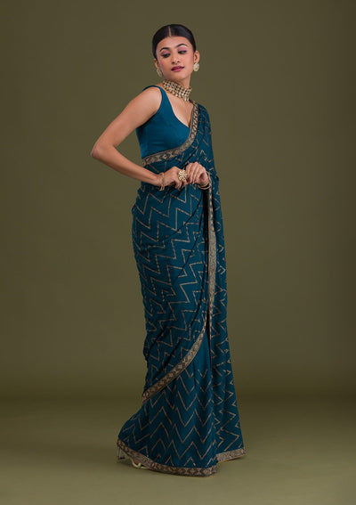 Peacock Blue Stonework Semi Crepe Unstitched Saree-Koskii