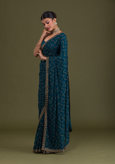 Peacock Blue Stonework Semi Crepe Unstitched Saree-Koskii