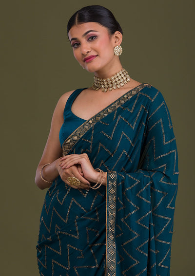 Peacock Blue Stonework Semi Crepe Unstitched Saree-Koskii