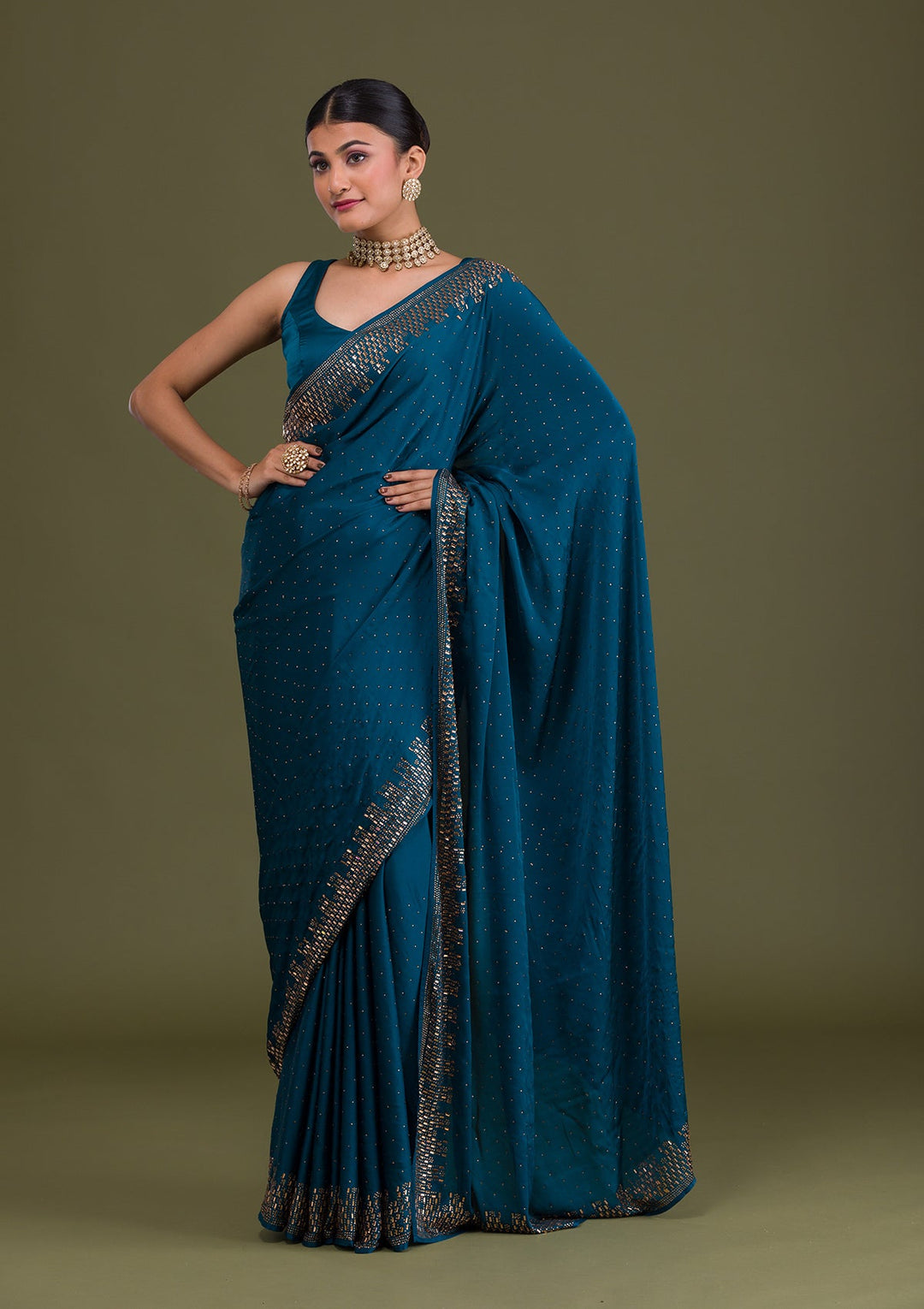 Peacock Blue Stonework Semi Crepe Unstitched Saree-Koskii