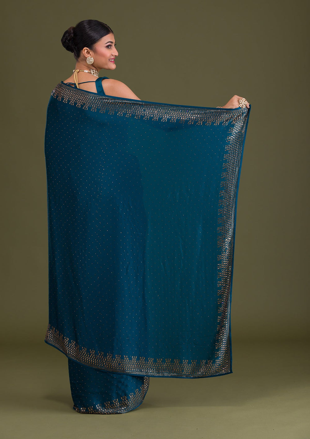 Peacock Blue Stonework Semi Crepe Unstitched Saree-Koskii