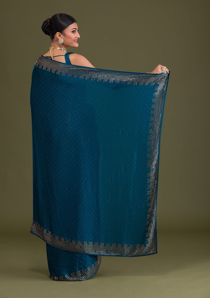 Peacock Blue Stonework Semi Crepe Unstitched Saree-Koskii