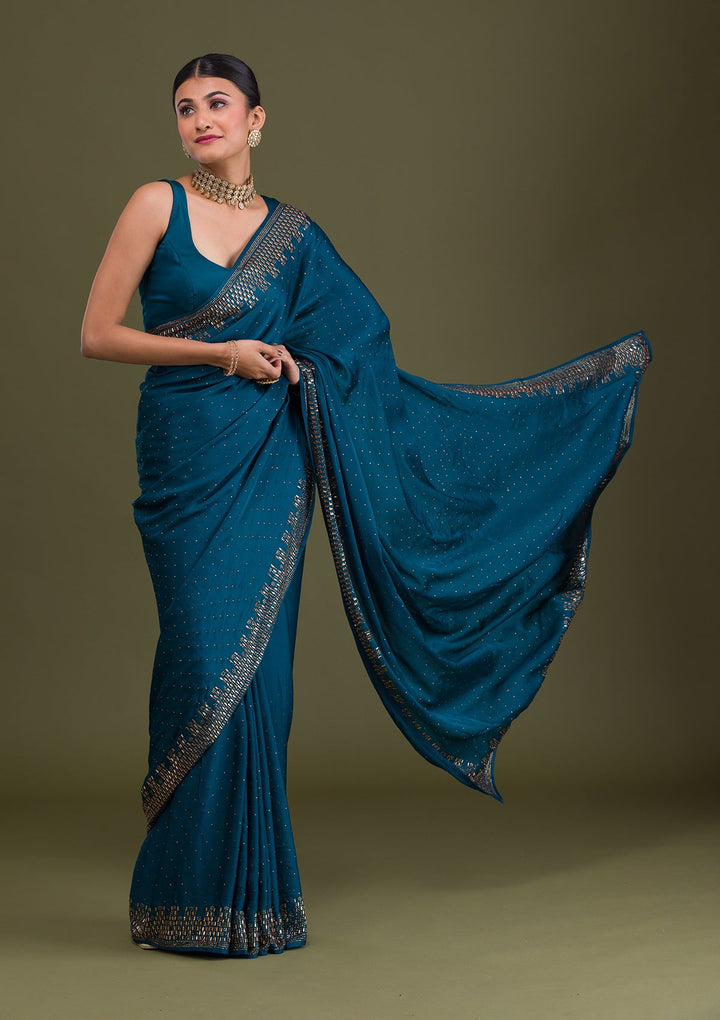 Peacock Blue Stonework Semi Crepe Unstitched Saree-Koskii