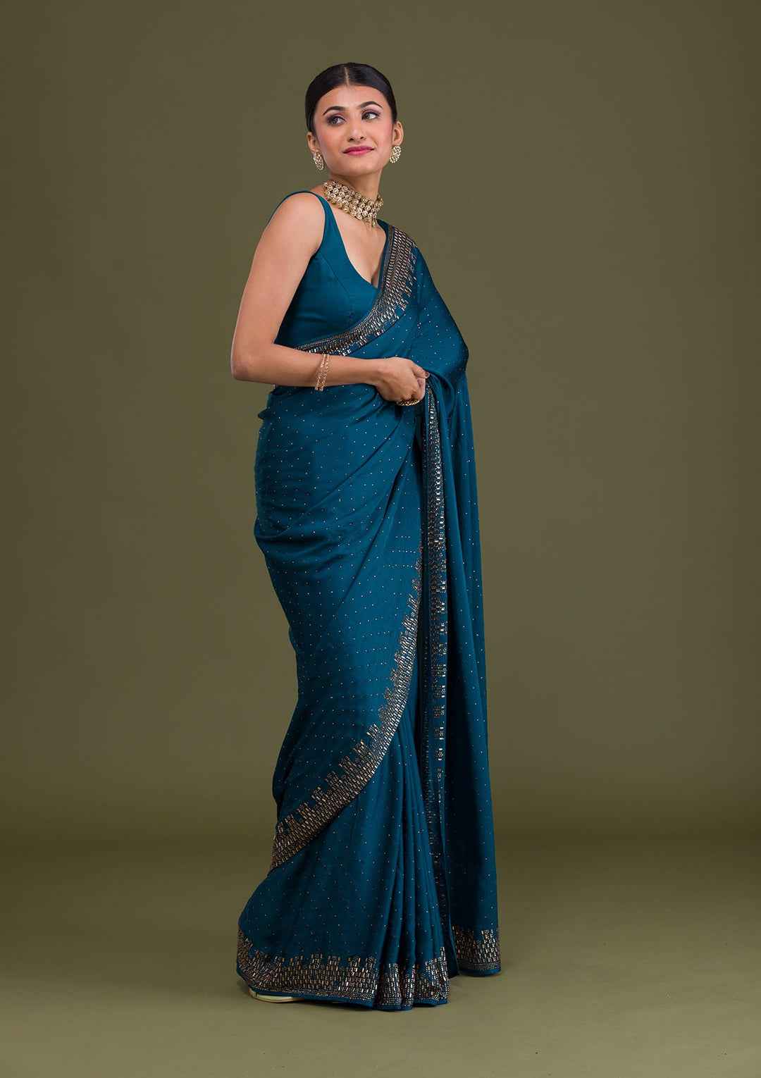Peacock Blue Stonework Semi Crepe Unstitched Saree-Koskii