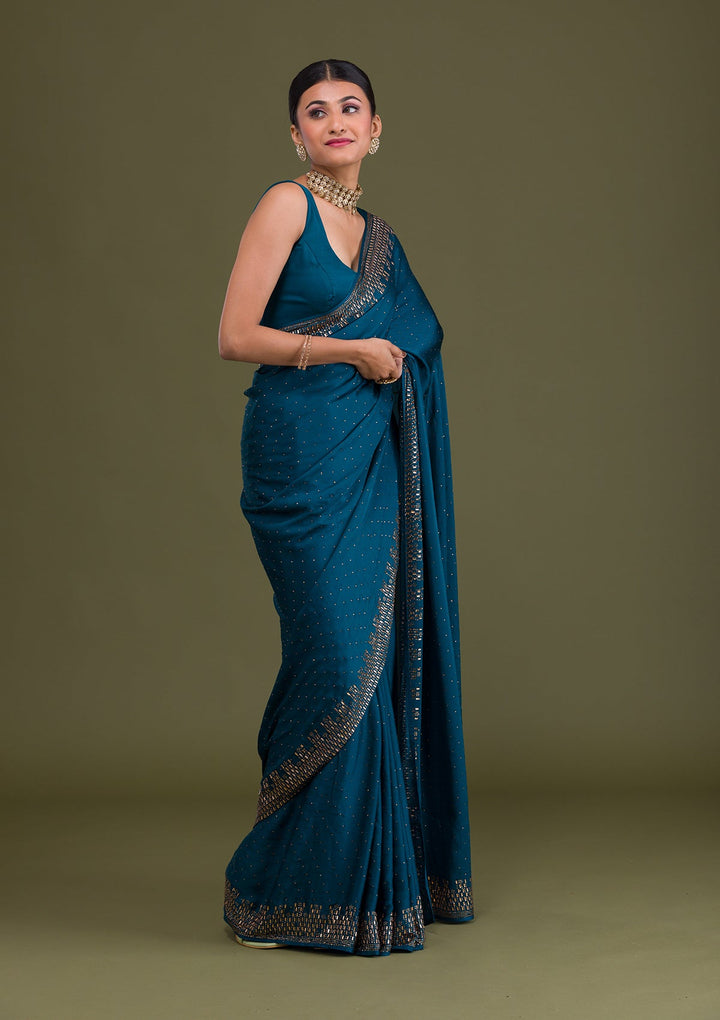 Peacock Blue Stonework Semi Crepe Unstitched Saree-Koskii