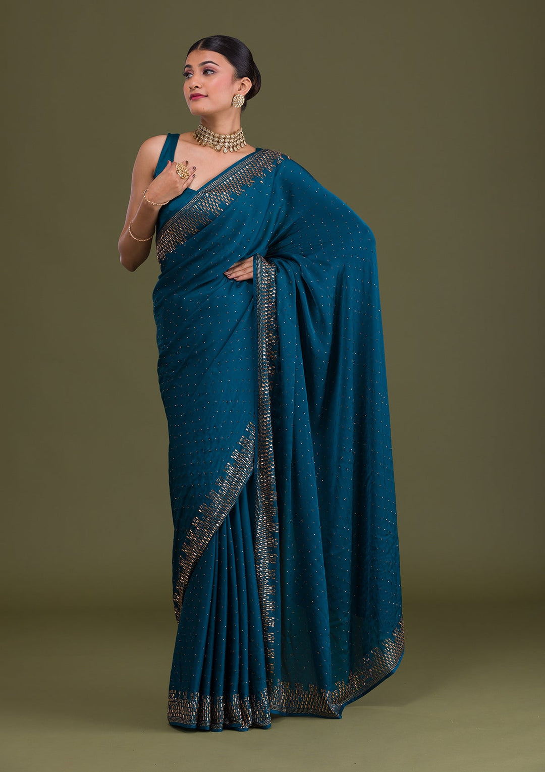 Peacock Blue Stonework Semi Crepe Unstitched Saree-Koskii