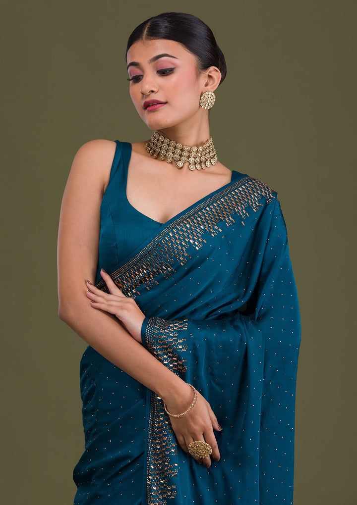 Peacock Blue Stonework Semi Crepe Unstitched Saree-Koskii