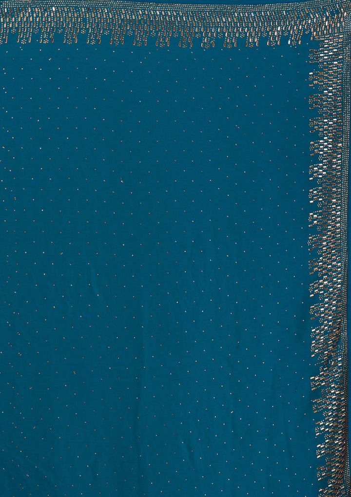 Peacock Blue Stonework Semi Crepe Unstitched Saree-Koskii