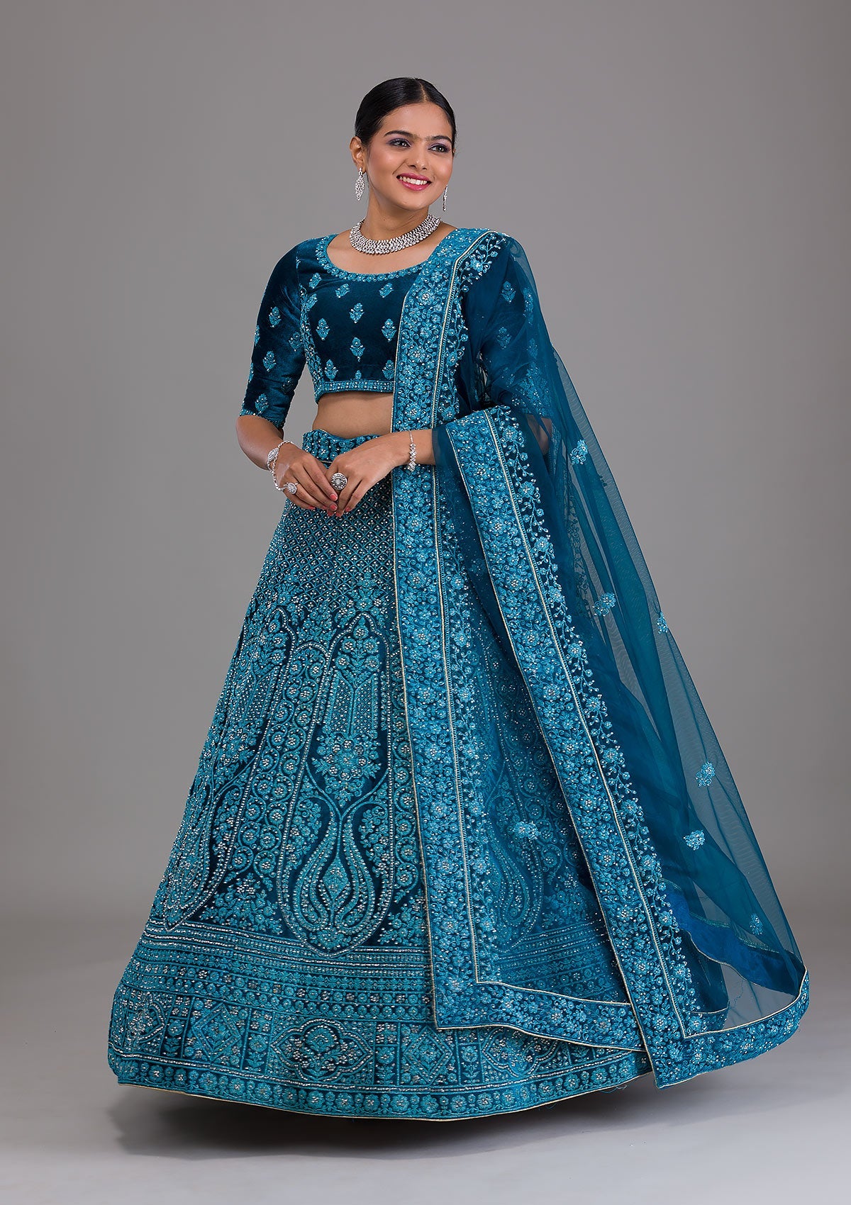 Peacock Blue Stonework Velvet Semi Stitched Lehenga-Koskii