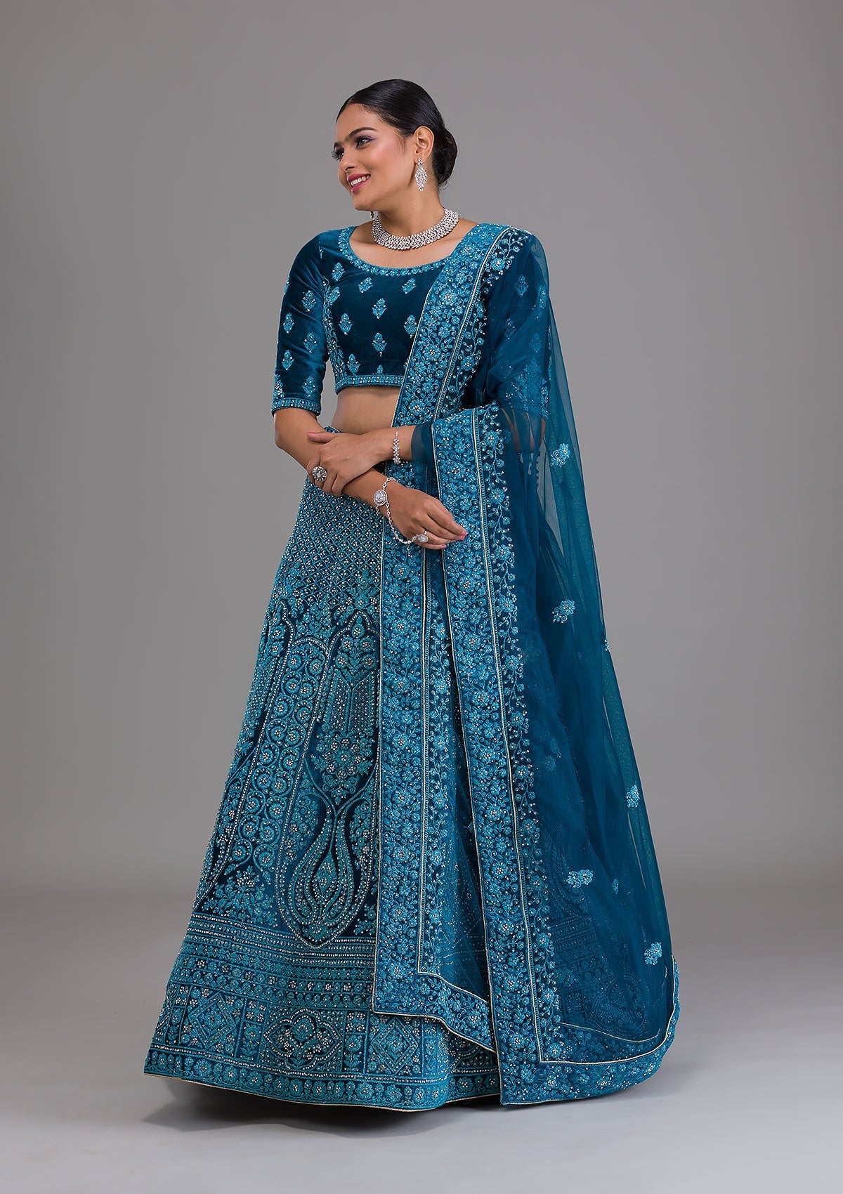 Peacock Blue Stonework Velvet Semi Stitched Lehenga-Koskii