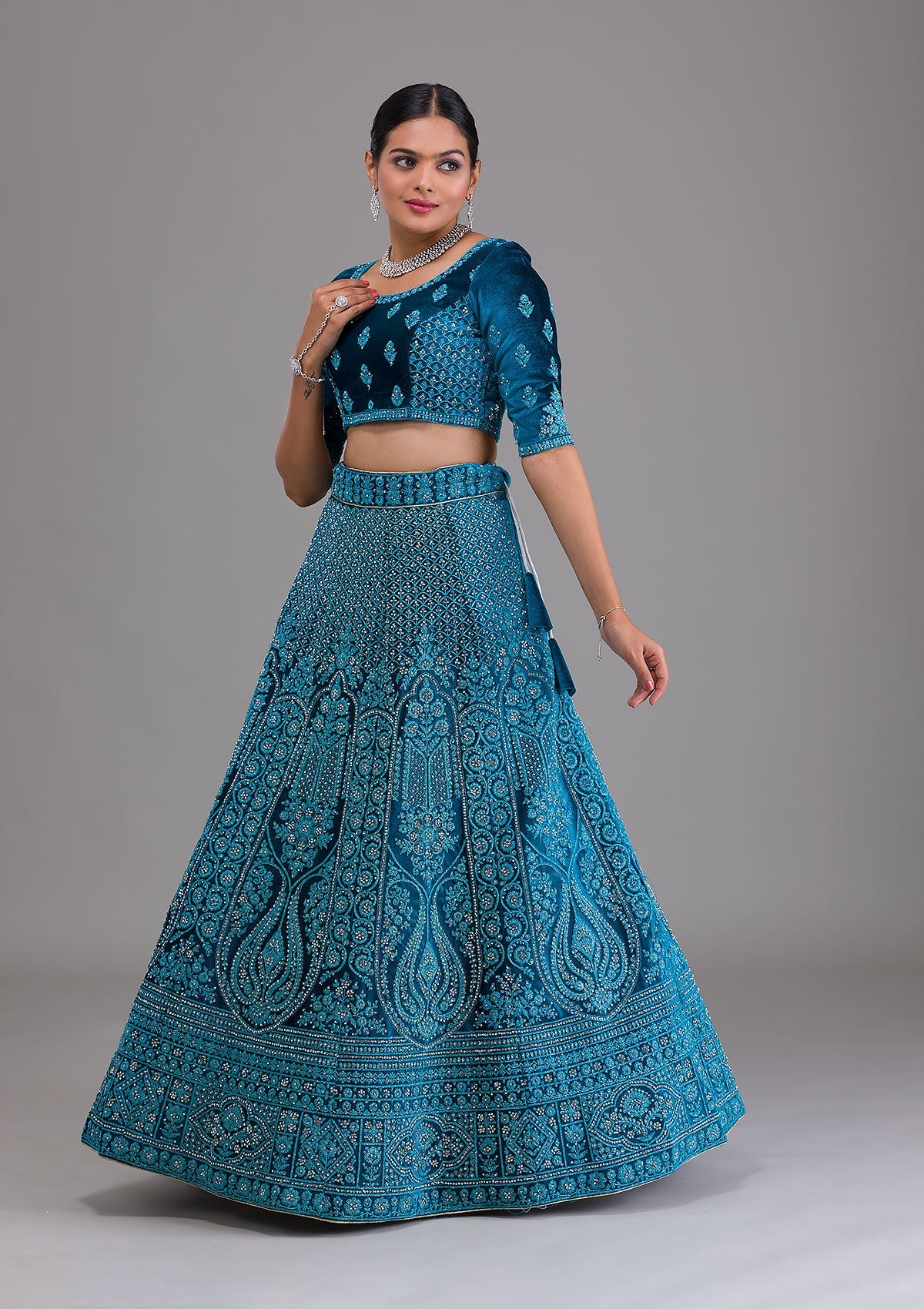 Peacock Blue Stonework Velvet Semi Stitched Lehenga-Koskii
