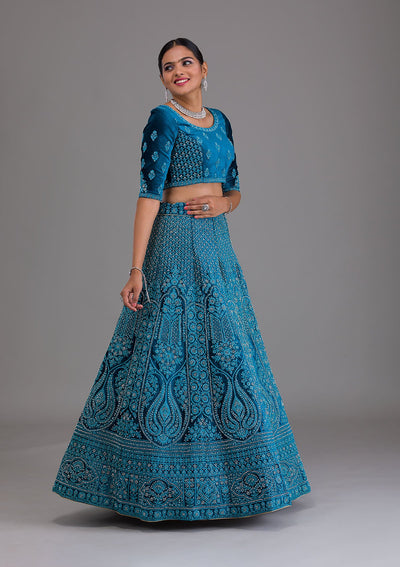 Peacock Blue Stonework Velvet Semi Stitched Lehenga-Koskii