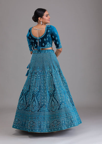 Peacock Blue Stonework Velvet Semi Stitched Lehenga-Koskii