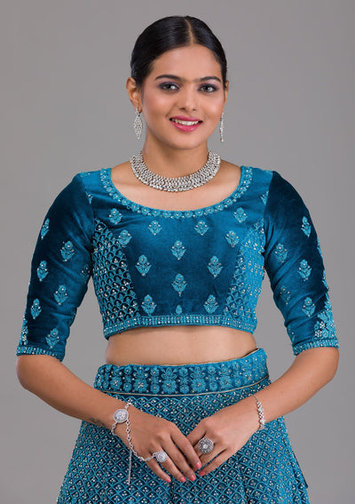 Peacock Blue Stonework Velvet Semi Stitched Lehenga-Koskii