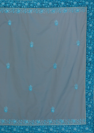 Peacock Blue Stonework Velvet Semi Stitched Lehenga-Koskii