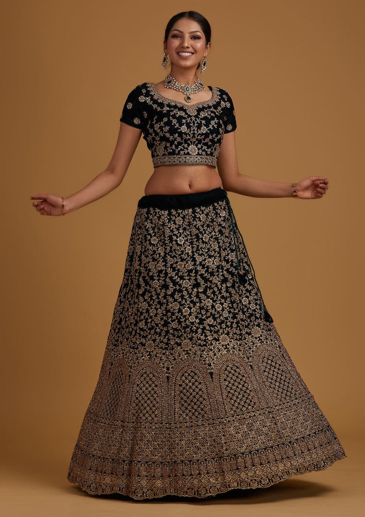 Peacock Blue Stonework Velvet Designer Semi-Stitched Lehenga - koskii