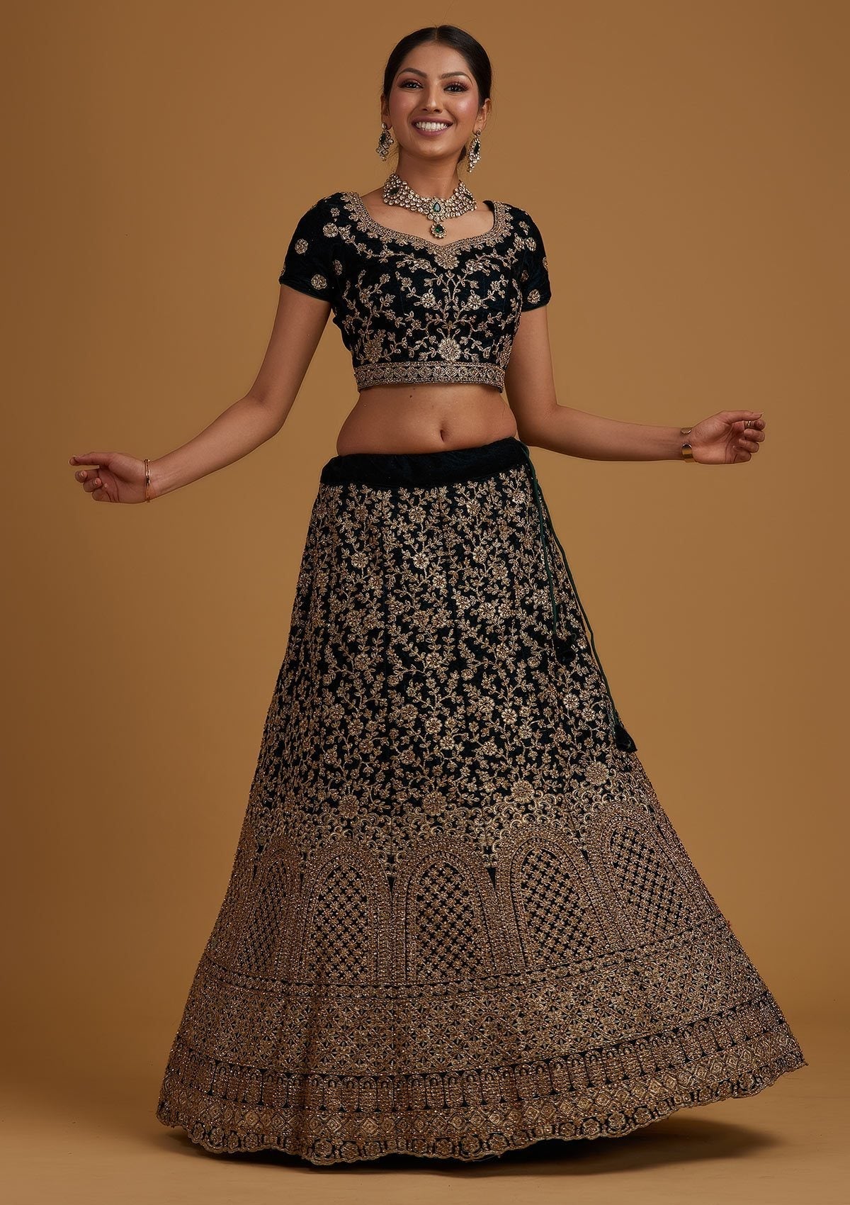 Peacock Blue Stonework Velvet Designer Semi-Stitched Lehenga - koskii