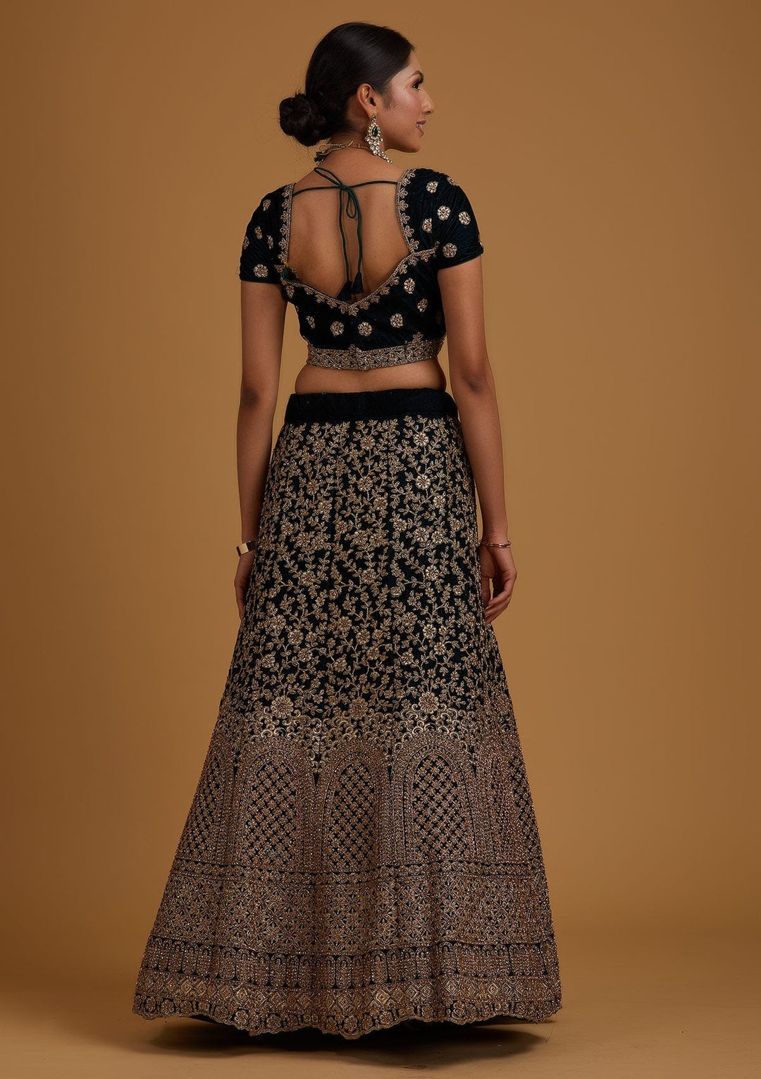 Peacock Blue Stonework Velvet Designer Semi-Stitched Lehenga - koskii