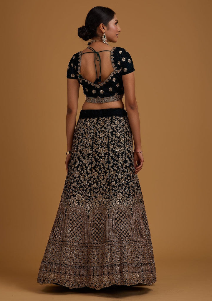 Peacock Blue Stonework Velvet Designer Semi-Stitched Lehenga - koskii