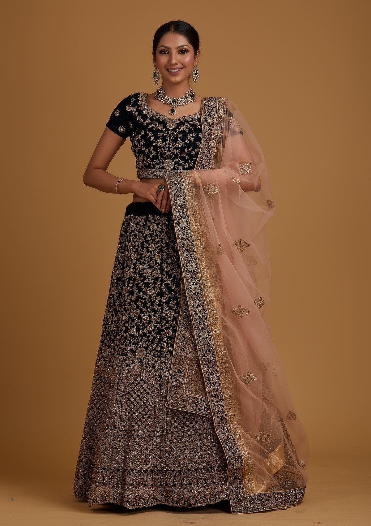 Peacock Blue Stonework Velvet Designer Semi-Stitched Lehenga - koskii