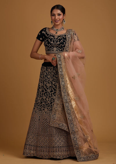 Peacock Blue Stonework Velvet Designer Semi-Stitched Lehenga - koskii