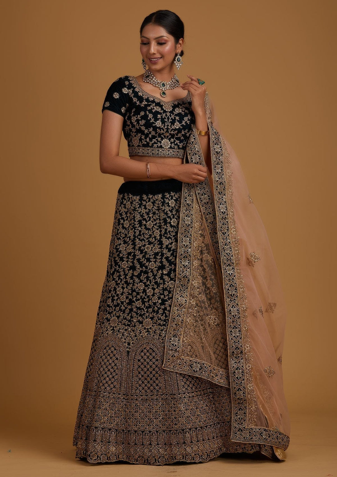 Peacock Blue Stonework Velvet Designer Semi-Stitched Lehenga - koskii