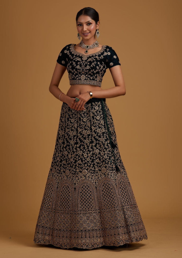 Peacock Blue Stonework Velvet Designer Semi-Stitched Lehenga - koskii