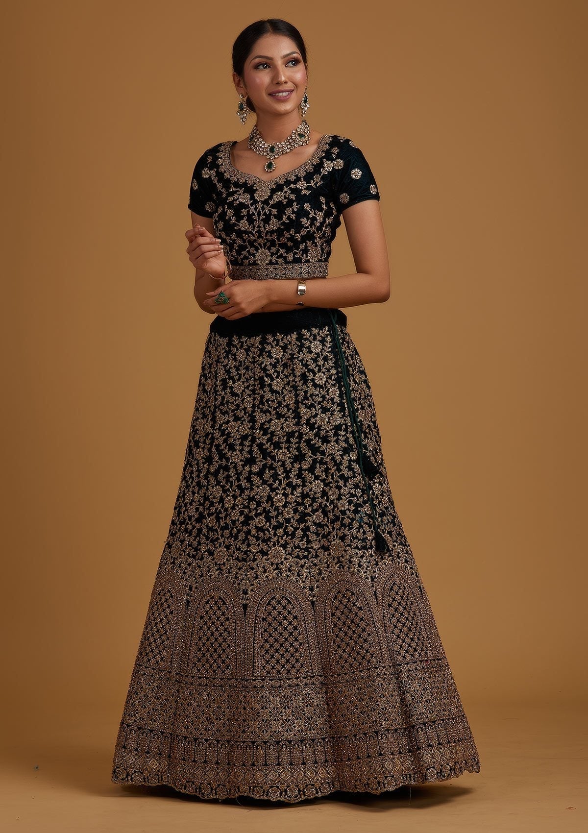Peacock Blue Stonework Velvet Designer Semi-Stitched Lehenga - koskii