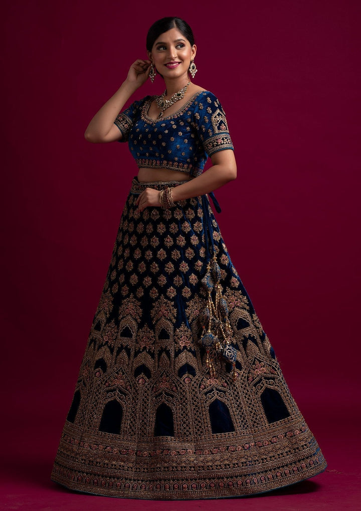 Peacock Blue Stonework Velvet Designer Semi-Stitched Lehenga - koskii