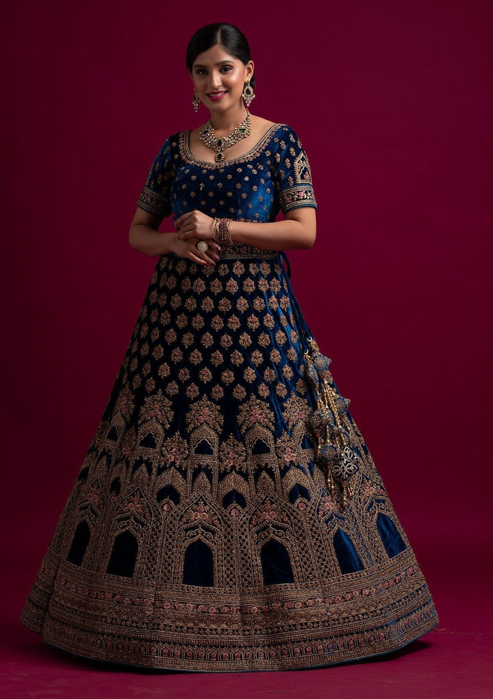Peacock Blue Stonework Velvet Designer Semi-Stitched Lehenga - koskii