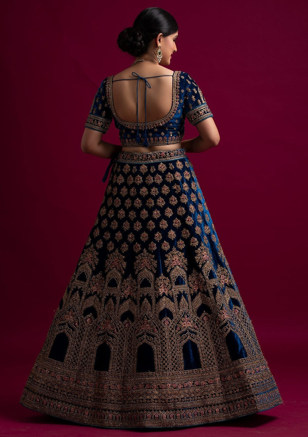 Peacock Blue Stonework Velvet Designer Semi-Stitched Lehenga - koskii
