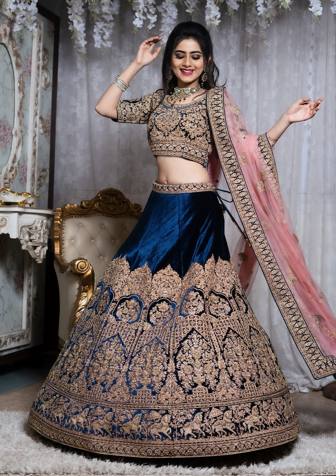 Peacock Blue Stonework Velvet Designer Lehenga - Koskii