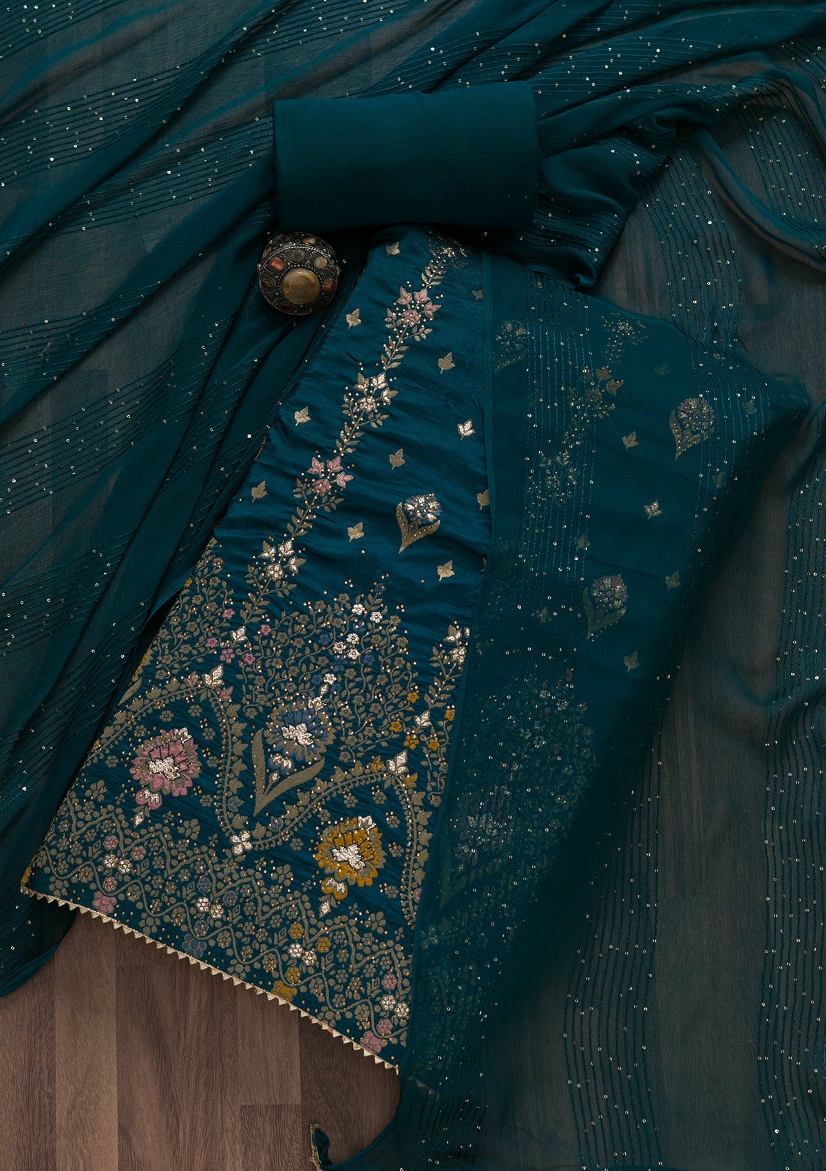 Peacock Blue Soft Silk Swarovski Unstitched Salwar Suit-koskii