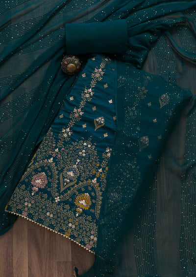 Peacock Blue Soft Silk Swarovski Unstitched Salwar Suit-koskii