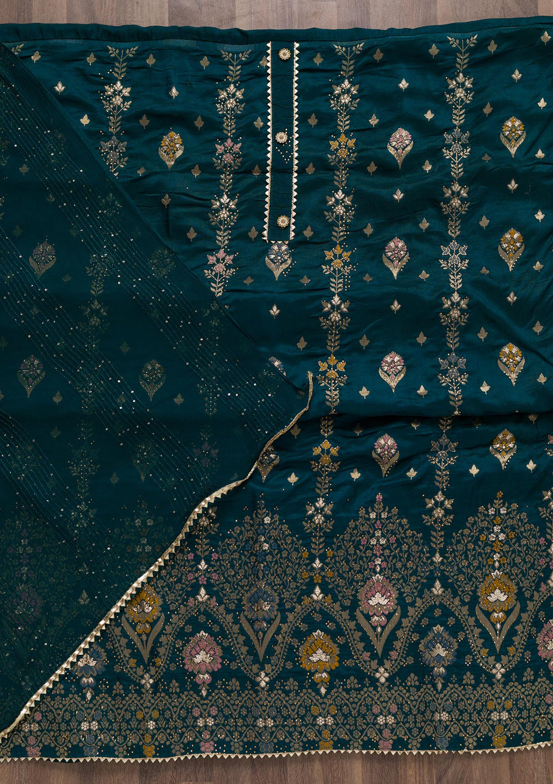 Peacock Blue Soft Silk Swarovski Unstitched Salwar Suit-koskii