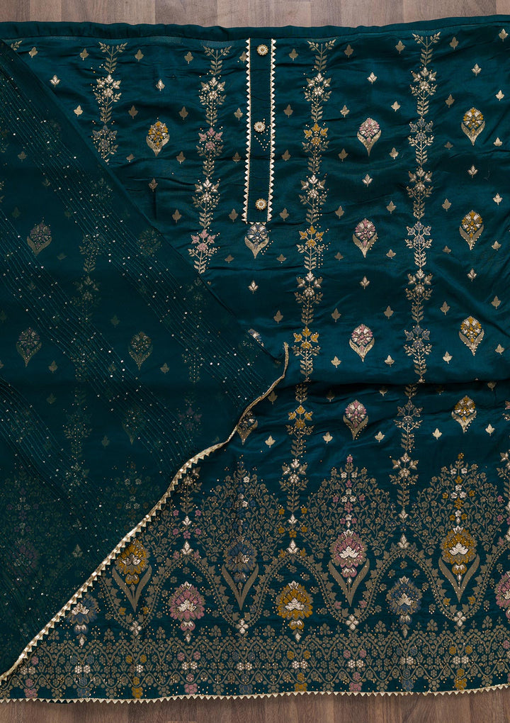 Peacock Blue Soft Silk Swarovski Unstitched Salwar Suit-koskii