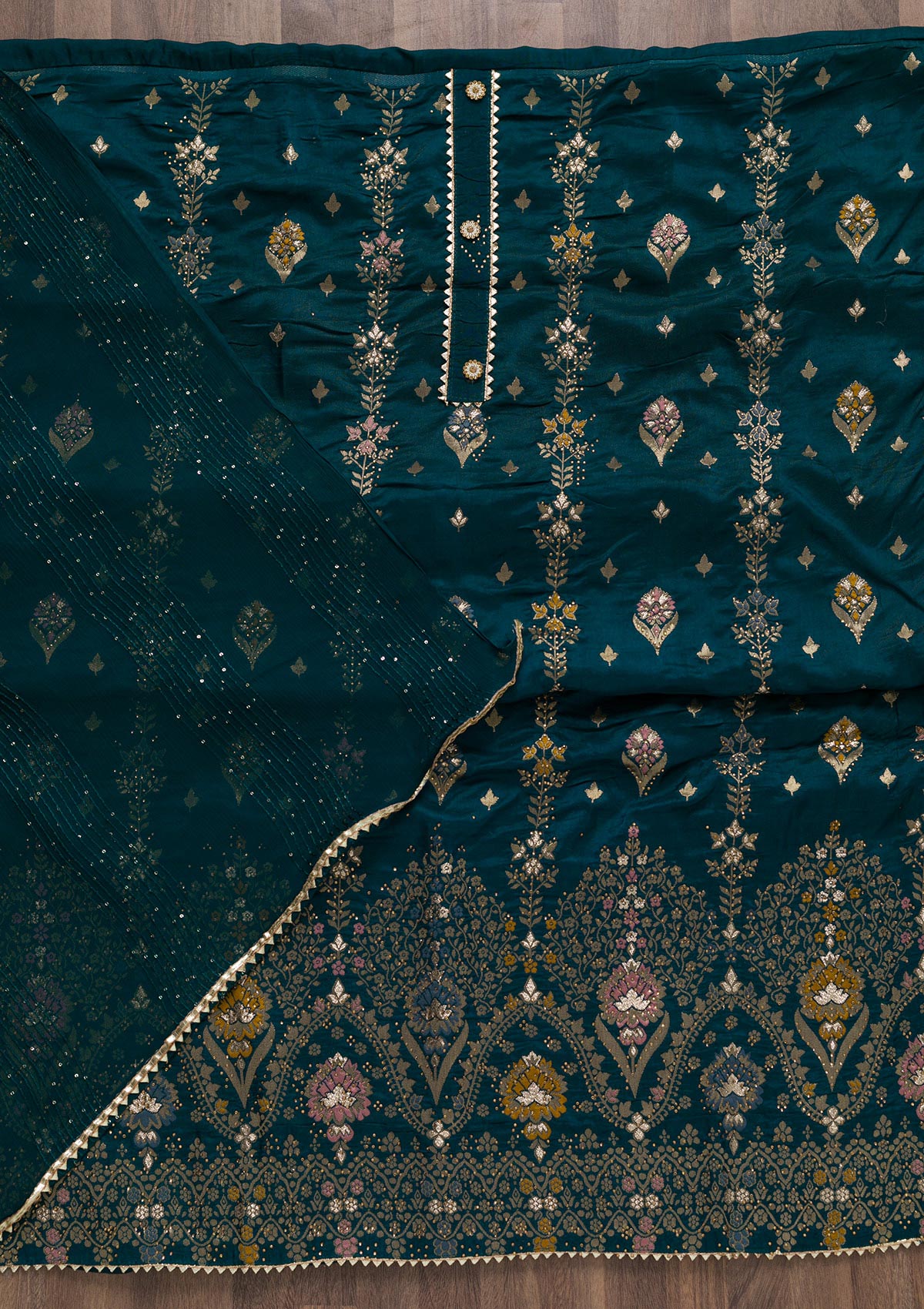 Peacock Blue Soft Silk Swarovski Unstitched Salwar Suit-koskii