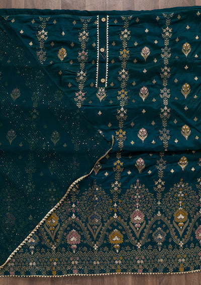 Peacock Blue Soft Silk Swarovski Unstitched Salwar Suit-koskii