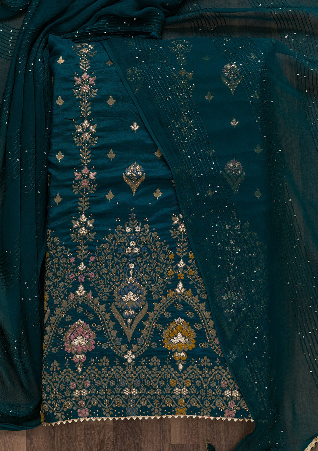 Peacock Blue Soft Silk Swarovski Unstitched Salwar Suit-koskii