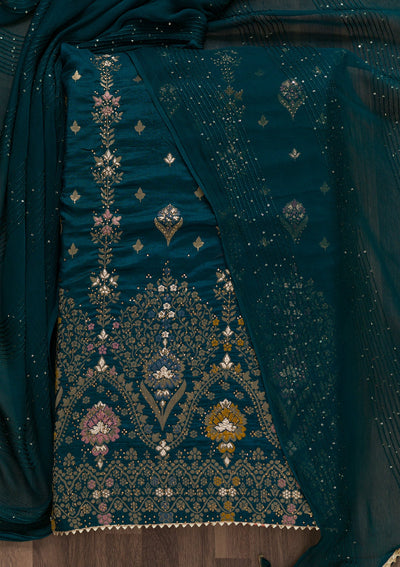Peacock Blue Soft Silk Swarovski Unstitched Salwar Suit-koskii